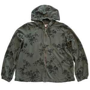 J Jill Sage Green Floral Embroidered Zip Up Lightweight Hooded Sweatshirt Size M